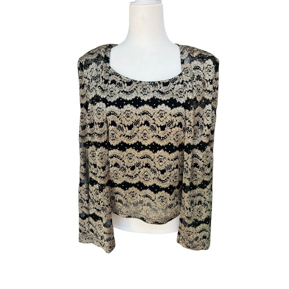 R&M Richards Jackets & Blazers - R&M‎ Richards Vintage Black Gold Lace Sequins 1 Piece Layered Jacket Top Size 14